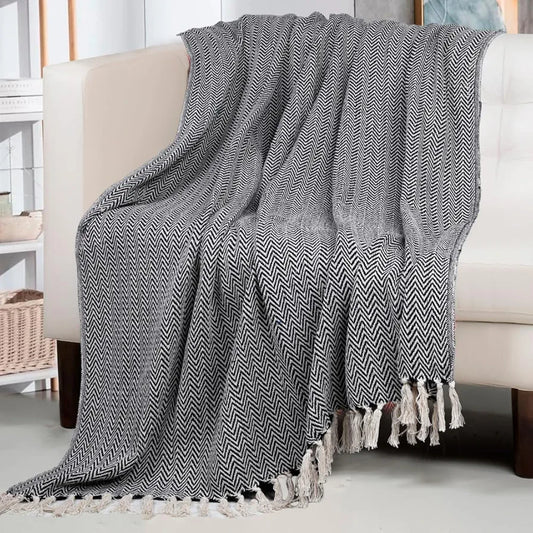 Homadorn All Season Cotton Weaved Throw Blanket Colour Black