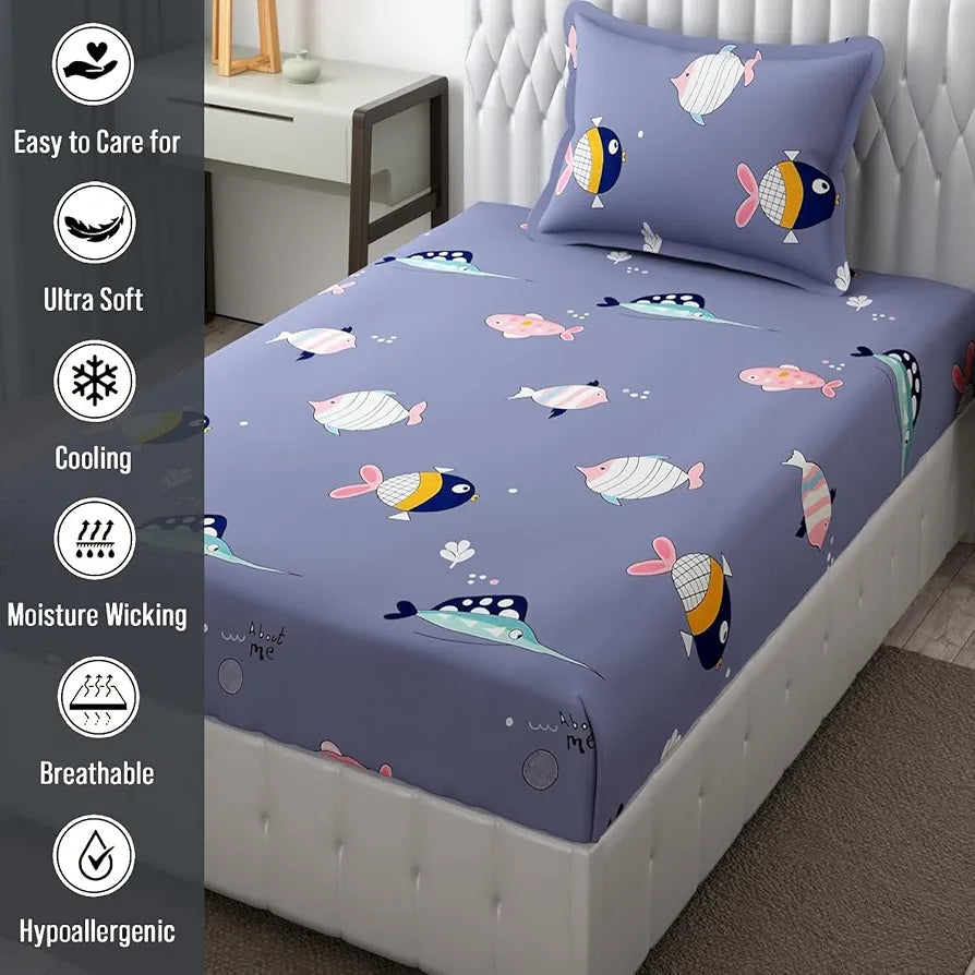 Fresh From Loom Glace Cotton Wrinkle Free Soft Hypoallergenic Bed Sheet Cartoon Printed Single Bedsheet For Kids With One Pillow Cover 144 tc Grizzlies