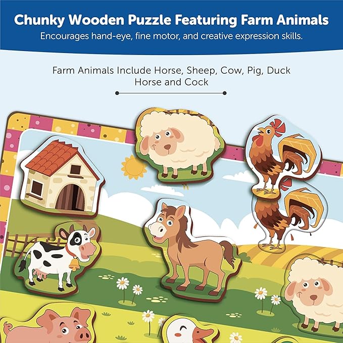 Mini Leaves Wooden Chunky Puzzle (2+ Years) | Learning Puzzle Toy Preschool Education Gift for Boys and Girls | Farm Animal