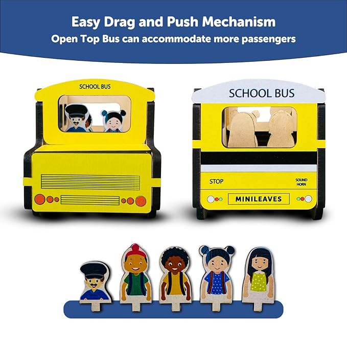 Mini Leaves School Bus Adventure | Wooden Play Set With 5 Figures Little Toddler Toy Explorers | Fun and Imaginative Toy for Kids