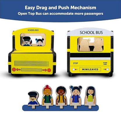 Mini Leaves School Bus Adventure | Wooden Play Set With 5 Figures Little Toddler Toy Explorers | Fun and Imaginative Toy for Kids
