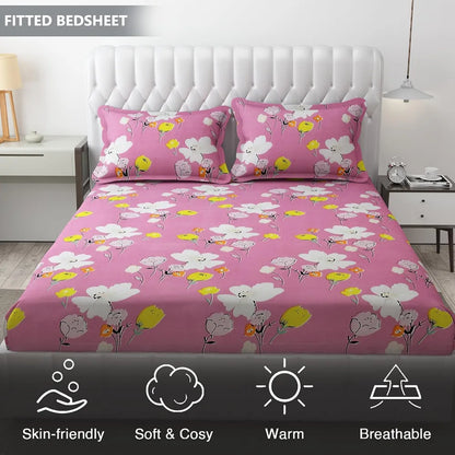 Fresh From Loom Elastic Fitted Floral Bed Sheets Bed Covers Soft Glace Cotton Fitted Bedsheet King Size Bed With Two Pillow Cover,144 TC Punch Pink