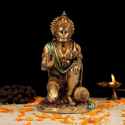 Indicast 7" Inch Hanuman Statue Sitting Metal Finish Idol Decorative Showpiece Handcrafted Hanuman Ji Murti