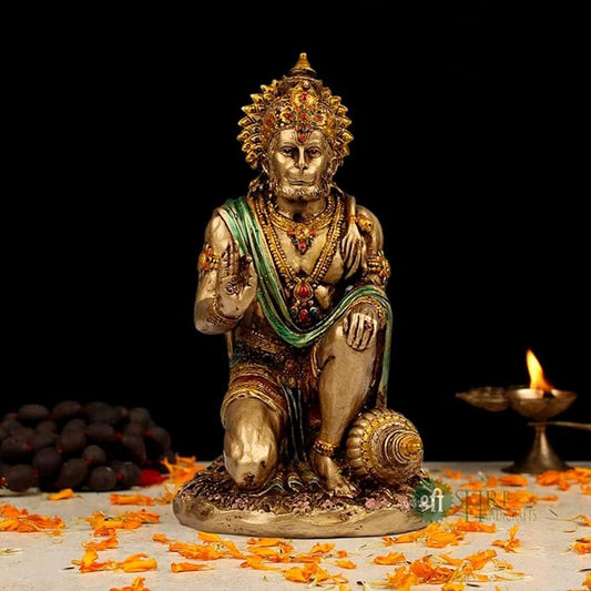 Indicast 7" Inch Hanuman Statue Sitting Metal Finish Idol Decorative Showpiece Handcrafted Hanuman Ji Murti
