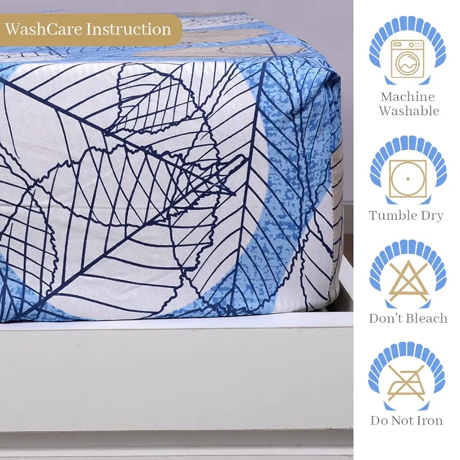 Divine Casa 144 TC Cotton Fitted Bedsheet for Single Bed 100% Cotton Floral Blue Size Colour Lichen Blue