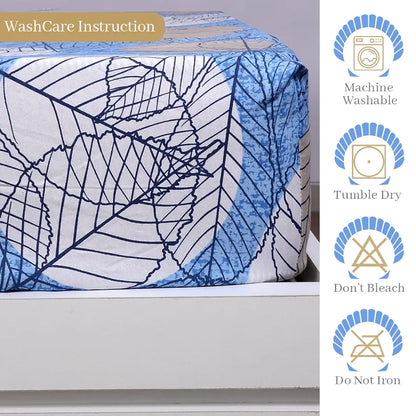 Divine Casa 144 TC Cotton Fitted Bedsheet for Single Bed 100% Cotton Floral Blue Size Colour Lichen Blue