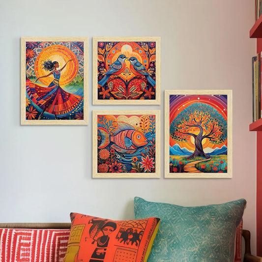ArtX Paper Madhubani Madhubani-SO4-04 Art Paintings with Frame Multicolor Set of 4