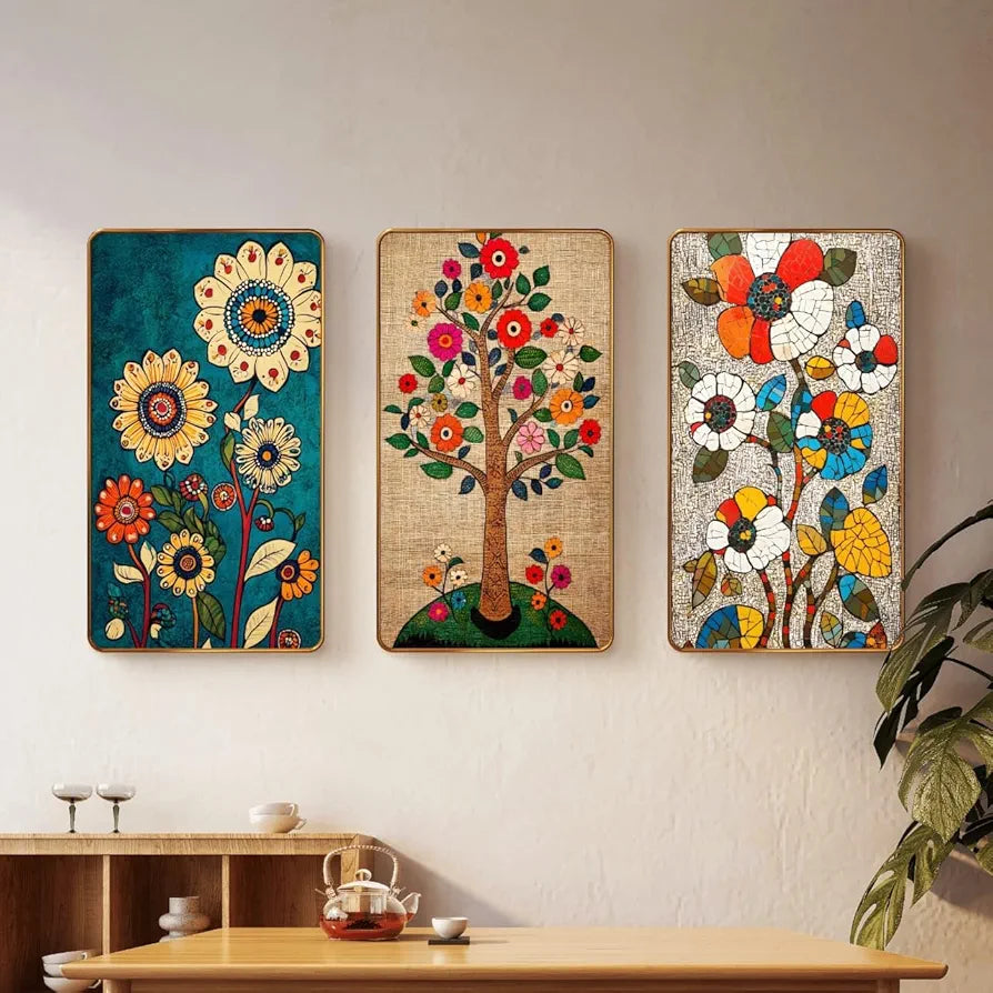 Livin'luxe Set of 3 Modern Art Madhubani Painting Premium Golden Framed Wall Paintings SG15