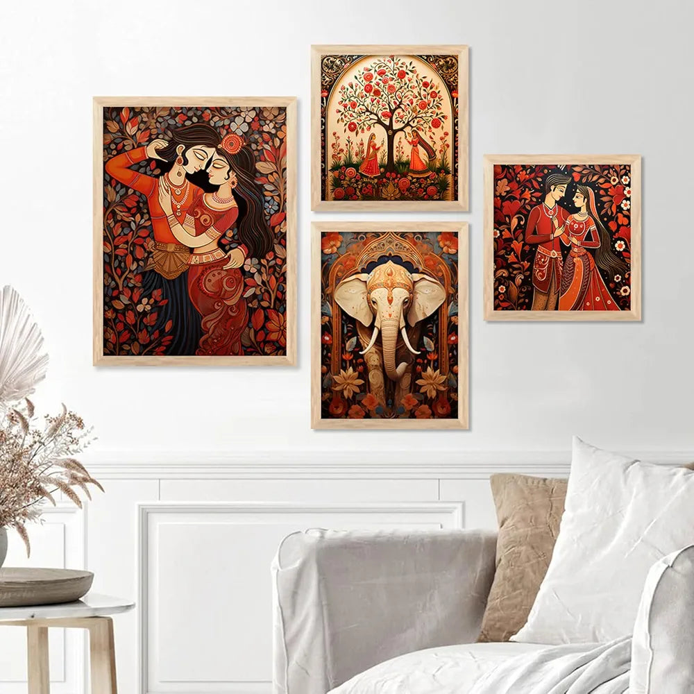 Kotart Traditional Indian Inspired Madhubani Art Paintings with Frame Set of 4 Frames A