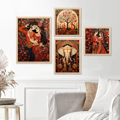 Kotart Traditional Indian Inspired Madhubani Art Paintings with Frame Set of 4 Frames A