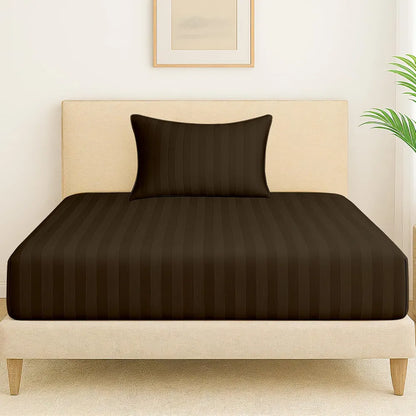Cloth Fusion Elastic Fitted Glace Cotton Satin Striped Bedsheet Single Size with 1 Pillow Cover Dark Brown