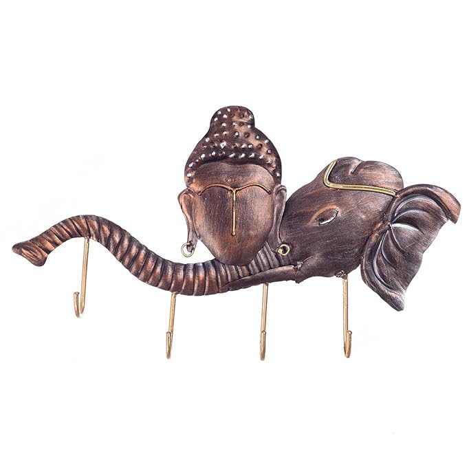 Ecraftindia Buddha Head on Elephant Trunk Wrought Iron Key Holder | Red and Brown