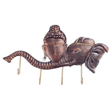 Ecraftindia Buddha Head on Elephant Trunk Wrought Iron Key Holder | Red and Brown