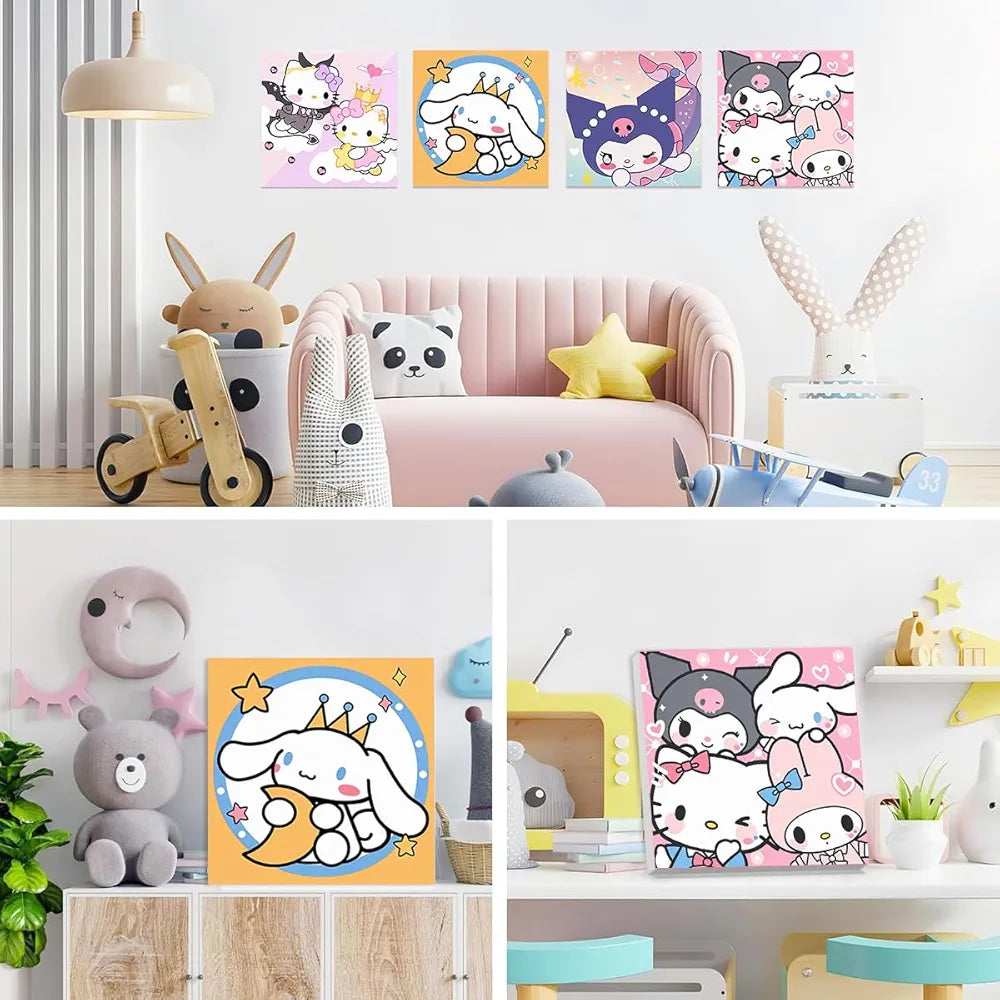 HASTHIP® 4Pcs DIY Oil Painting Paint by Numbers Kits 7.8 Inches Cartoon Sanrio Anime Framed Canvas Oil Set with Brush & Featuring Vibrant Pigments for Kids & Adult Beginners Gifting & Wall Decor
