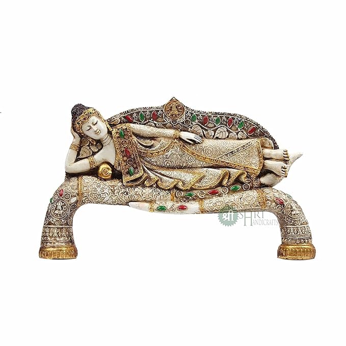 Indicast 15" Inch Handmade Buddha Sleeping Murti Stone Finish Meditating Idol Gifts Antique Design | Home Decoration, Living Room Bedroom | White