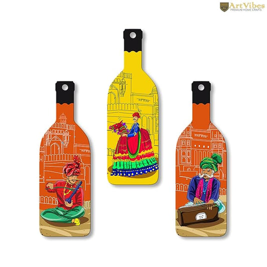 Artvibes Rajashtani Music Culture Wooden Wall Hanging for Home Decor | Set of 3