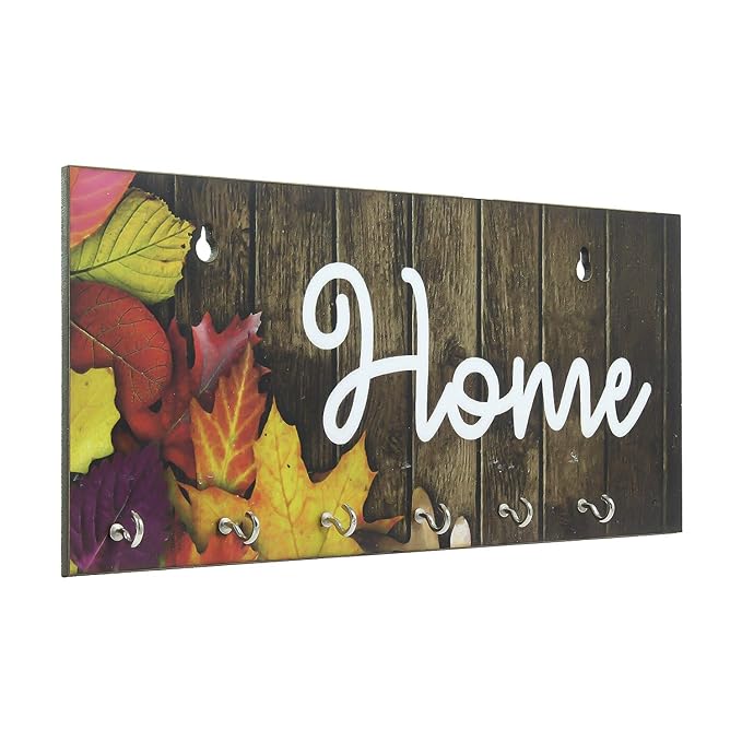 Ecraftindia Brown Home Theme Wooden Key Holder for Wall With 7 Key Hooks