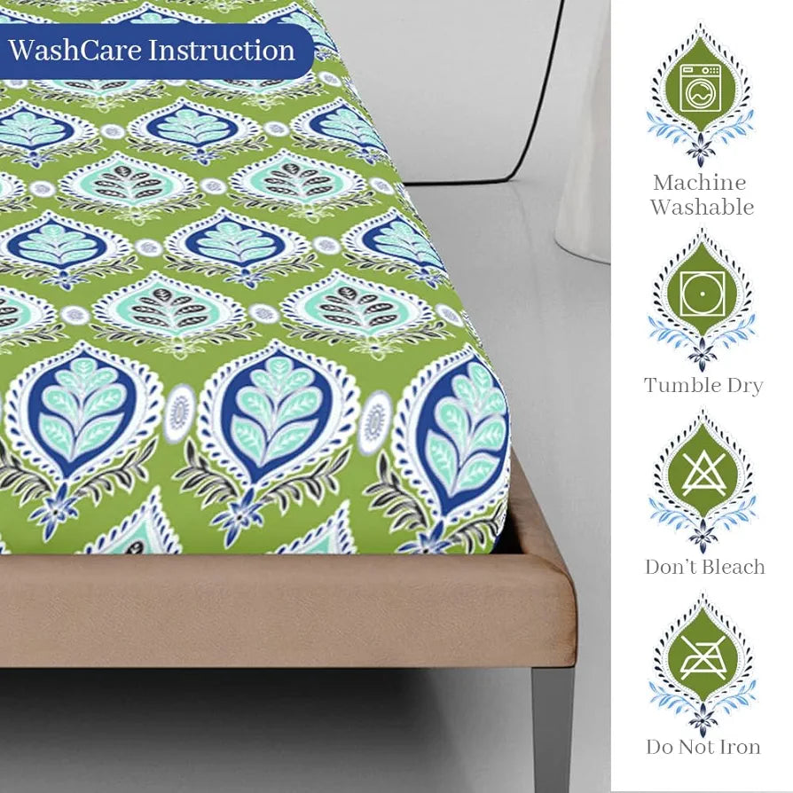 Divine Casa 100% Cotton 144 TC Fitted Printed Bedsheet for King Bed Soft-Touch Skin-Friendly Bedsheet Colour Apple Green