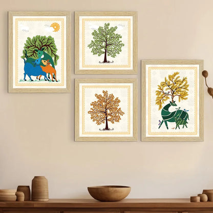 ArtX Paper Gond Art Paintings with Frame Gond-SO4-01 Set of 4