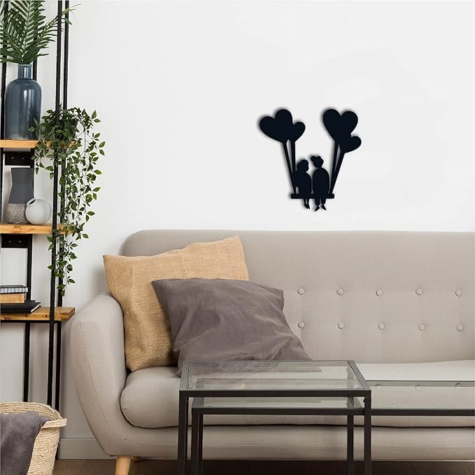 Ecraftindia Young Loving Couple With Hearts Balloons Black Engineered Wood Cutout Wall Art Decor