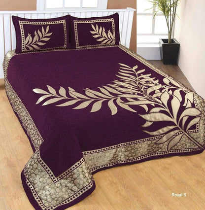Fresh From Loom Chenille Velvet Floral 500 TC Heavy Bedsheet for Double Bed King Purple Color with 2 Pillow Covers Leaf Purple