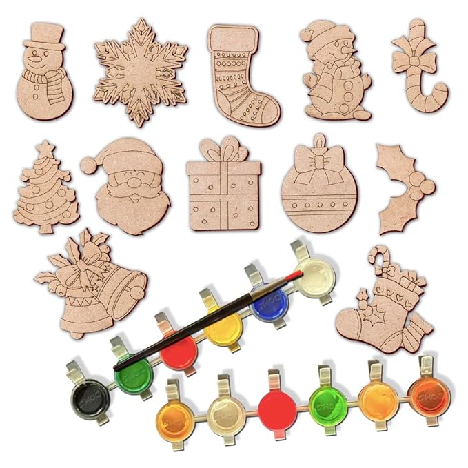 Mini Leaves Wooden DIY Christmas Santa Claus Wooden Fridge Magnets Cut Outs Multicolor Set of 12 | Festive Season Fridge Magnetic Toys for Kids 3 4 5 Years Kids