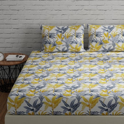 Huesland by Ahmedabad Cotton 144 TC King Size Bedsheet Cotton with 2 Pillow Covers | Flamingos Yellow