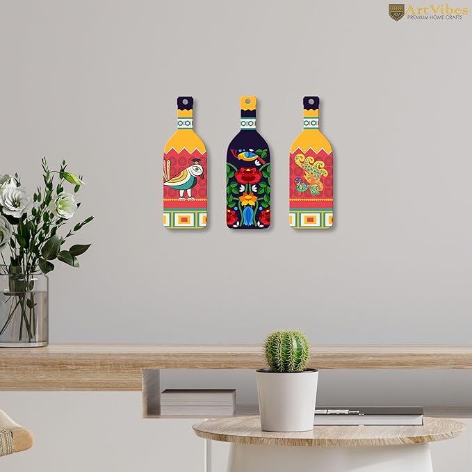 Artvibes Birds and Flower Clip Art Wooden Wall Hanging for Home Decor | Set of 3