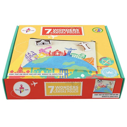 Kalakaram Diy Block Print Canvas Pouch Kit - Create Your Own 7 Wonders Pouch | Creative Activity Kits for Kids