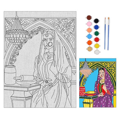 Hobby India Self Painting Beautiful Lady Canvas - Gond Art | Pre-designed Canvas Board