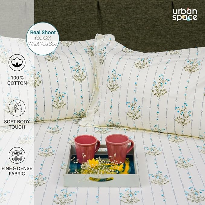 Urban Space Serene Bedsheet for Double Bed 2 Pillow Covers (Colour Sedum Blue)