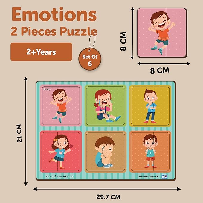 Mini Leaves 2 Pieces Wooden Puzzle for Kids | Emotions Jigsaw Puzzle | Set of 6 | Educational Toys for 2-year-old and Above