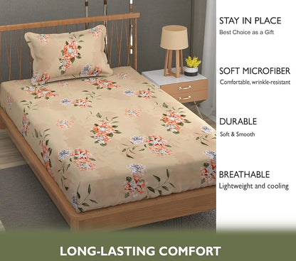 Fresh From Loom Hypoallergenic Floral Print Single Bed Bedsheet with 1 Pillow Covers 240 TC Beige-Floral