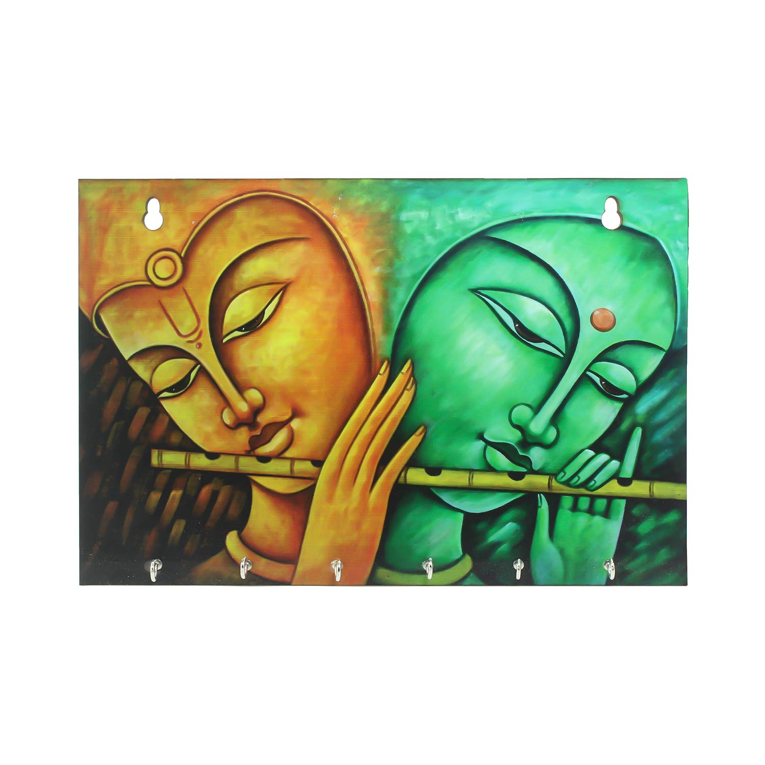 Ecraftindia Radhe Krishna Theme Wooden Key Holder With 6 Hooks