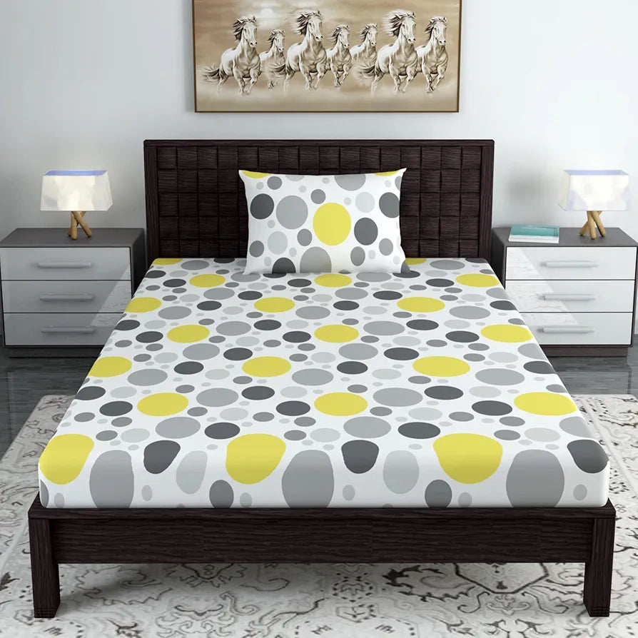 Divine Casa 144 TC 100% Cotton Single Bedsheet with 1 Pillow Cover Geometric Pattern Colour Grey & Yellow