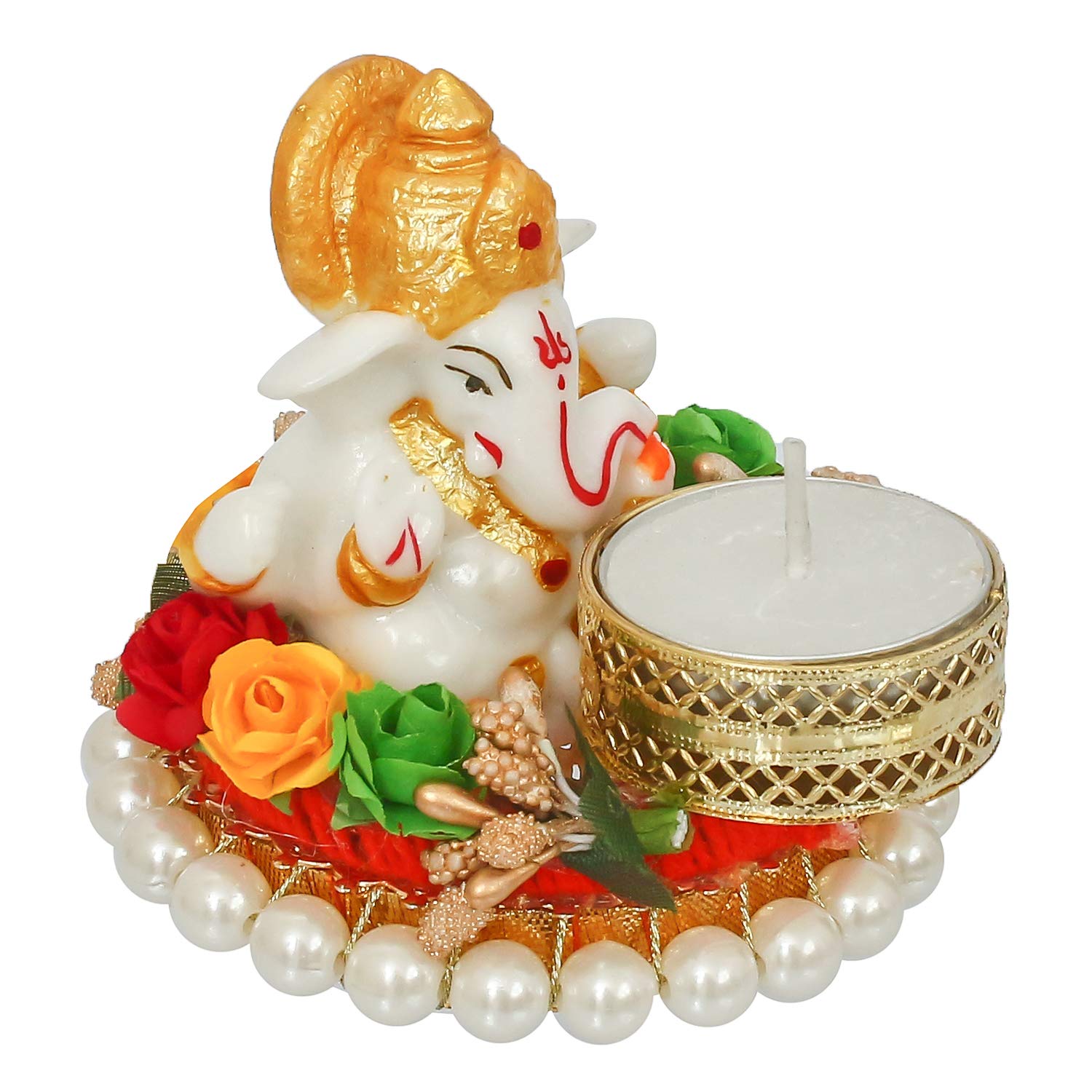 Ecraftindia Resin Lord Ganesha Idol on Decorative Plate Tea Light Holder | Ganesha Statue for Puja Room