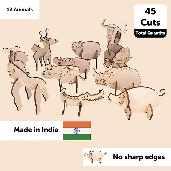 Mini Leaves 3D Animals Puzzles for Kids 12 Count | Wooden DIY Animals Puzzle Toy Set | 12 Different Shapes 3D Puzzles