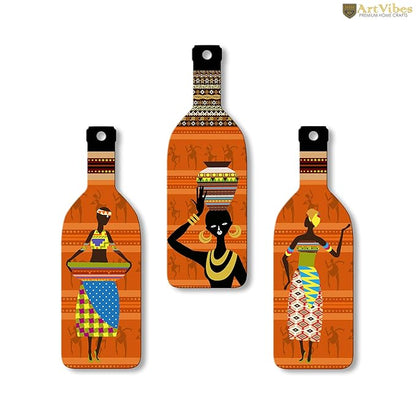 Artvibes African Women Warli Art Wooden Wall Hanging for Home Decor | Set of 3