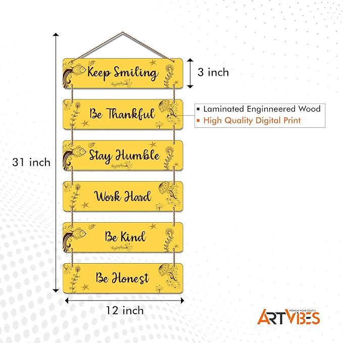 Artvibes Quotes Decorative Wall Hanging Ornaments Mdf Wooden Art Decoration Item for Home Decor | Set of 6