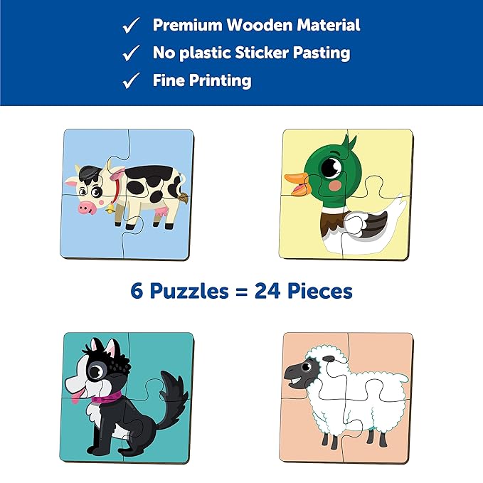 Mini Leaves 4 Piece Wooden Puzzle for Kids | Set of 6 Farm Animals Jigsaw Puzzle | Puzzles for Kids | Educational Puzzle Game