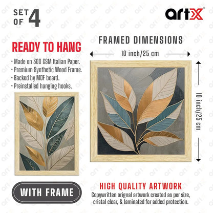 ArtX Paper Golden Leaves Botanical Art Paintings With Frame Set of 4