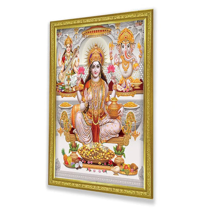 Lifehaxtore Lakshmi With Ganesha and Saraswati Photo Painting with Golden Frame for Temple - Model 2