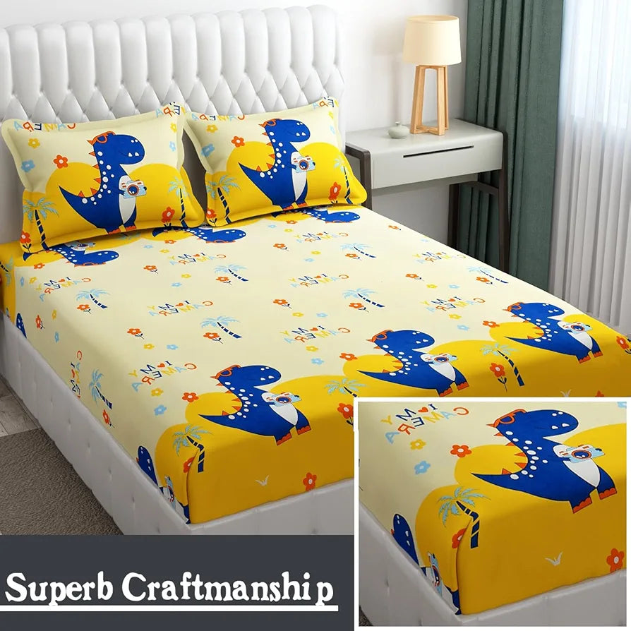 Fresh From Loom Bed Sheet Cartoon Printed Double Bed King Size Bedsheet Multicolor 144 TC Cream and Blue