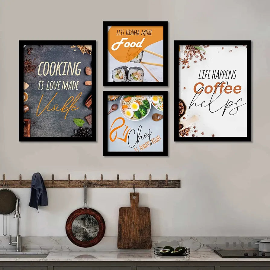 Kotart Kitchen Cooking is Love Funny Quotes Framed Wall Paintings / Posters with Frame Set of 4 multicolor