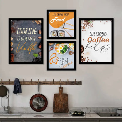 Kotart Kitchen Cooking is Love Funny Quotes Framed Wall Paintings / Posters with Frame Set of 4 multicolor