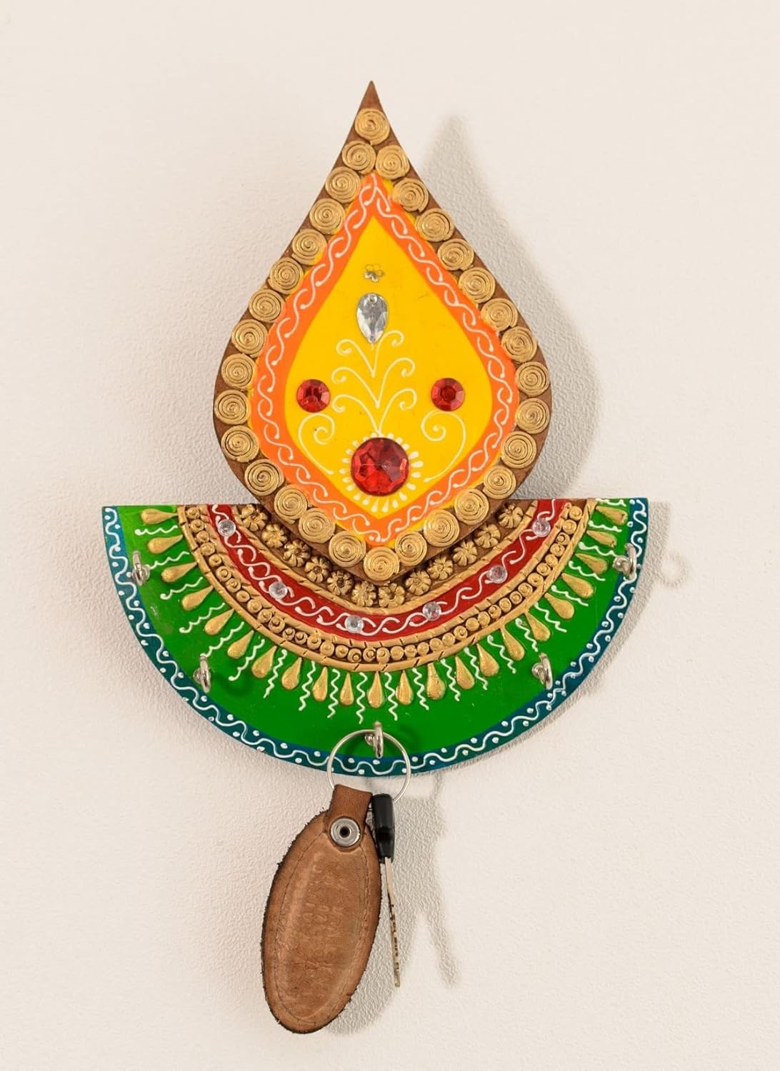 Ecraftindia Tilak Design Papier - Mache Key Holder | Green, Golden and Yellow