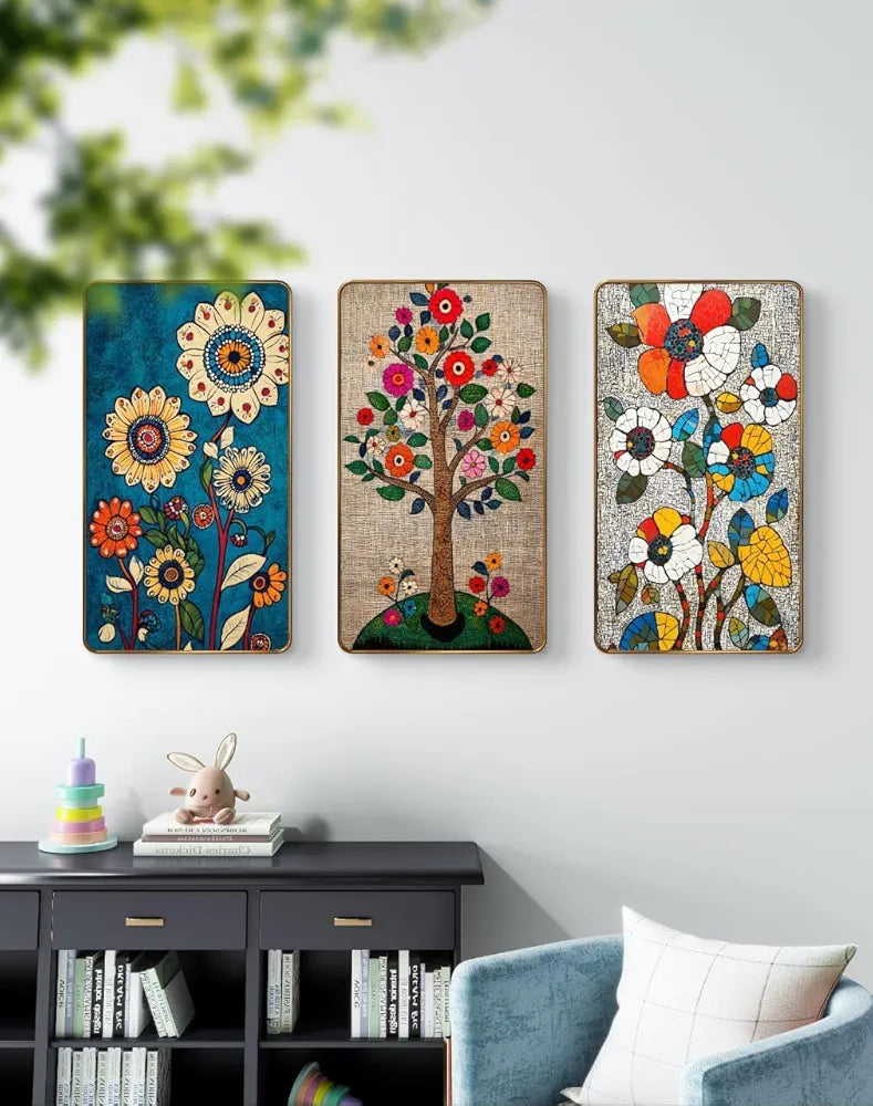 Livin'luxe Set of 3 Modern Art Madhubani Painting Premium Golden Framed Wall Paintings SG15