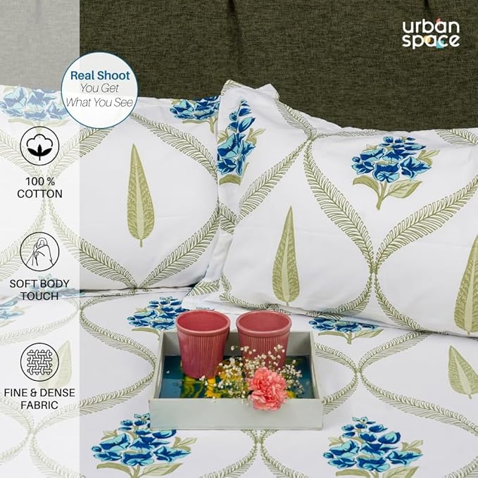 Urban Space Serene Bedsheet for Double Bed 2 Pillow Covers (Colour Floral Moroccan Blue)