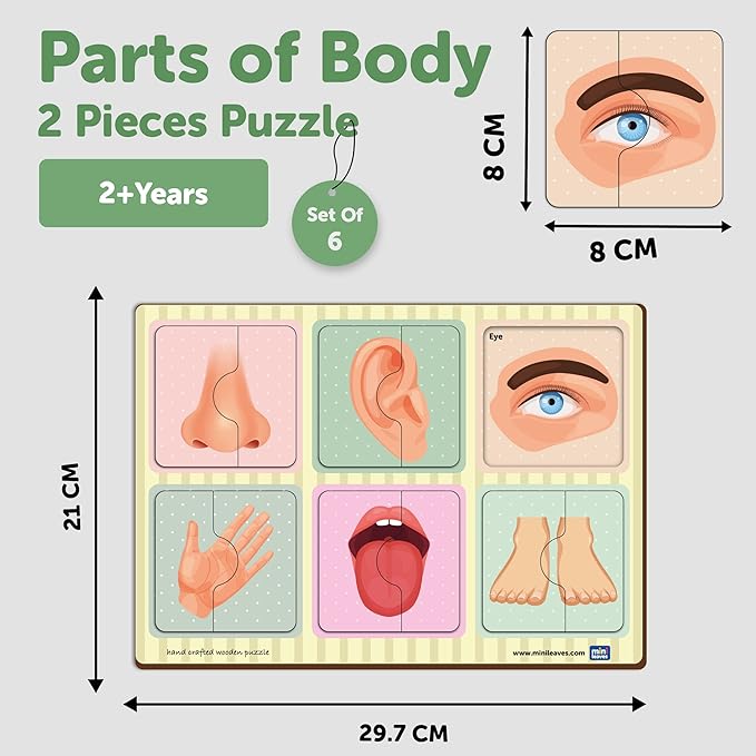 Mini Leaves 2 Piece Wooden Puzzle for Kids Set of 6 | Human Body Parts Jigsaw Puzzle | Educational Toys for Kids