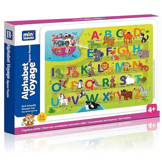 Mini Leaves 24 Piece Puzzle for Kids | Alphabets Jigsaw Puzzle | Educational Toys for Kids 3+ Years | Gift for Kids With Wooden Tray